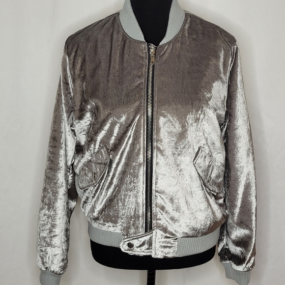 Goldie Retro Silver/Gray Velvet Ribbed Collar/Hem/Cuffs Bomber Jacket - Size M - Picture 1 of 15